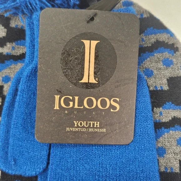 Igloos Youth Boy Toddler Dinosaur Knit Beanie Hat and Mittens Set Blue Size 2-4T - Picture 3 of 11